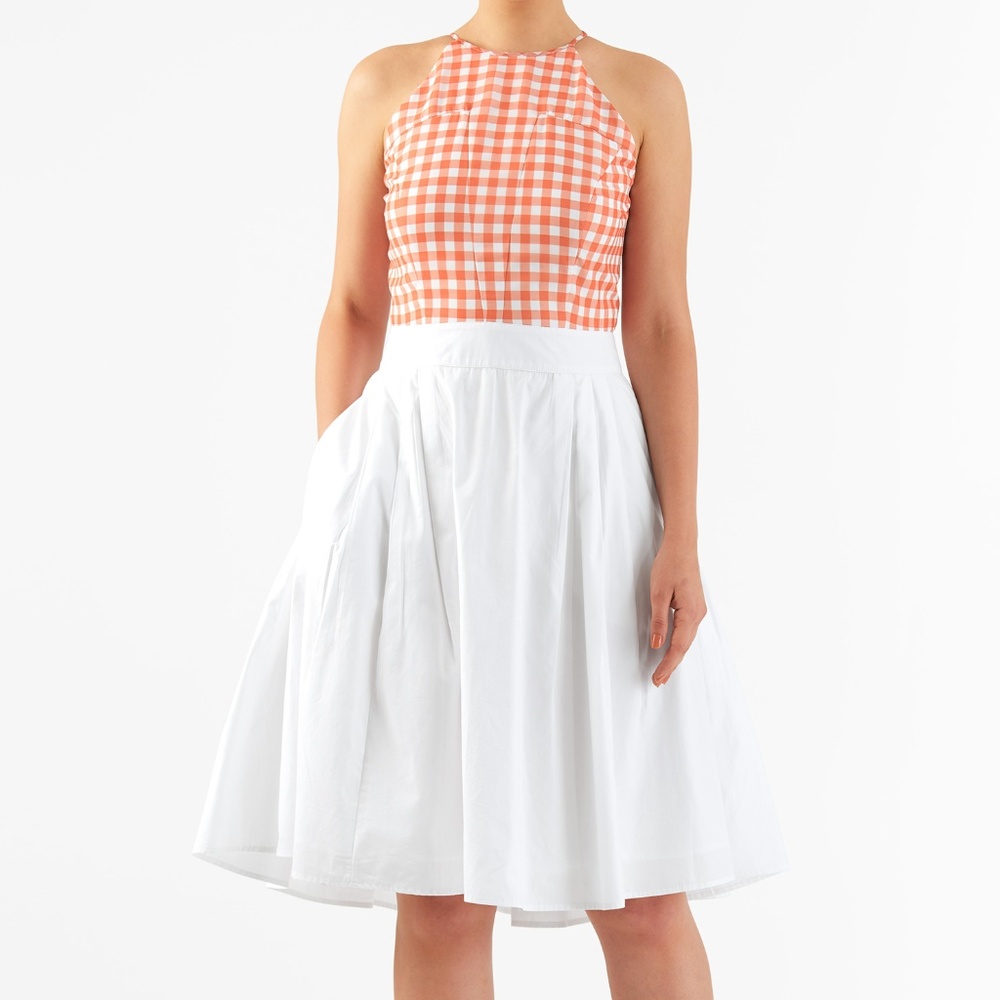 Cutout back gingham print mixed media dress